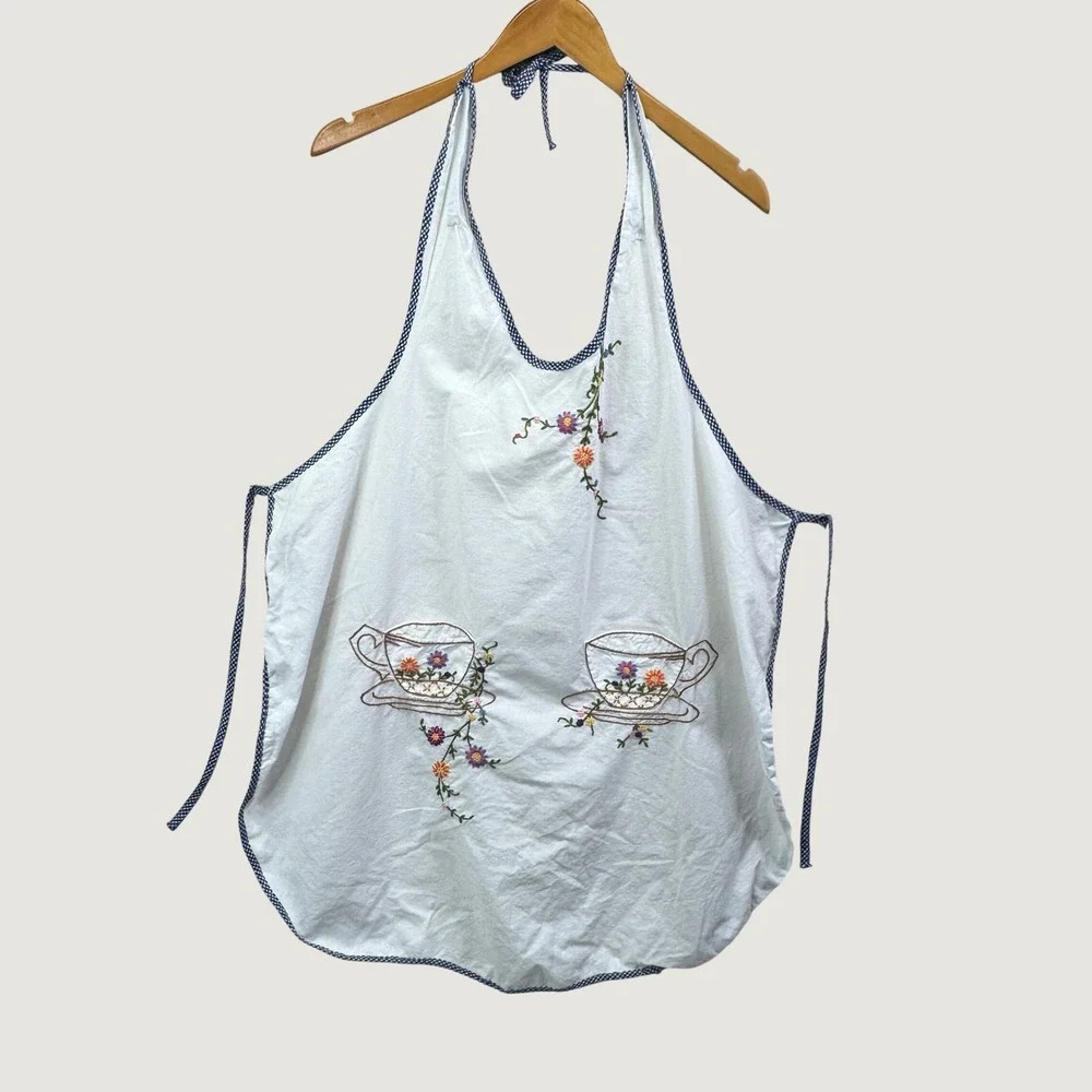 Unbranded Vintage Embroidered Teacup Apron OS White Cottagecore‎ Floral Retro